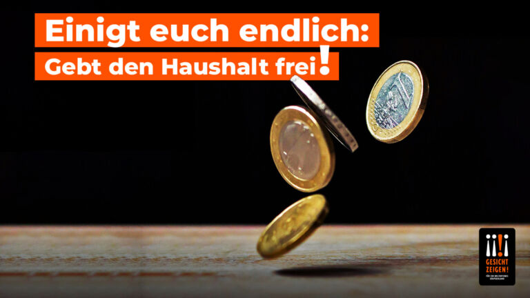 Münzen fallen - auf dem Bild steht: Einigt Euch endlich, gebt den Haushaöt frei