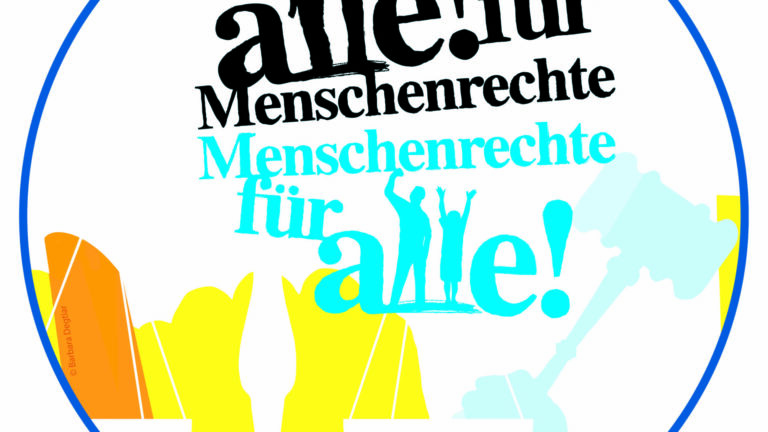 Auf der bunte Grafik steht: Alle! für Menschenrechte. Menschenrechte für alle!