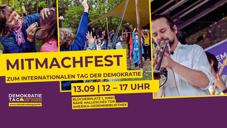 Ein buntex Bild wirbt für das Mitmachfest am Internationalen Tagder Demokratie in Berlin
