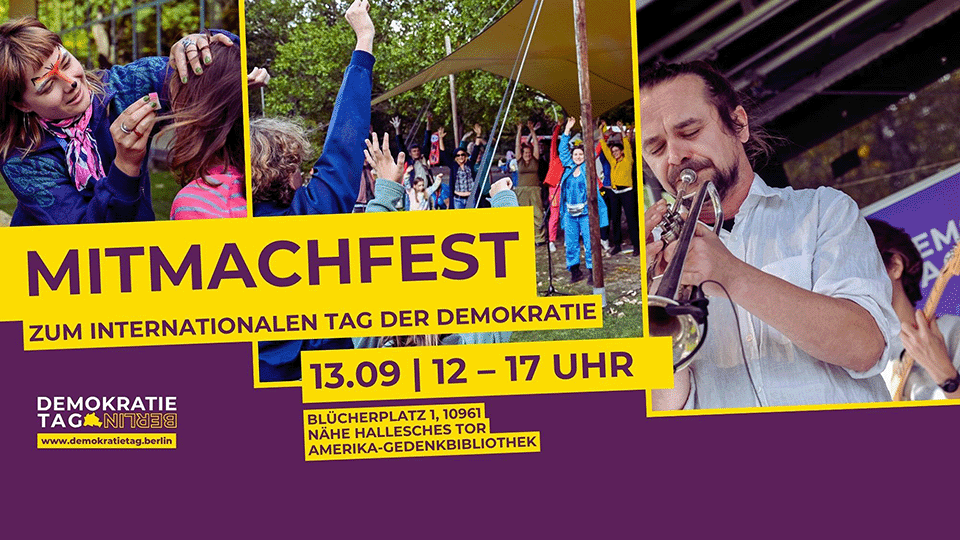 Ein buntex Bild wirbt für das Mitmachfest am Internationalen Tagder Demokratie in Berlin